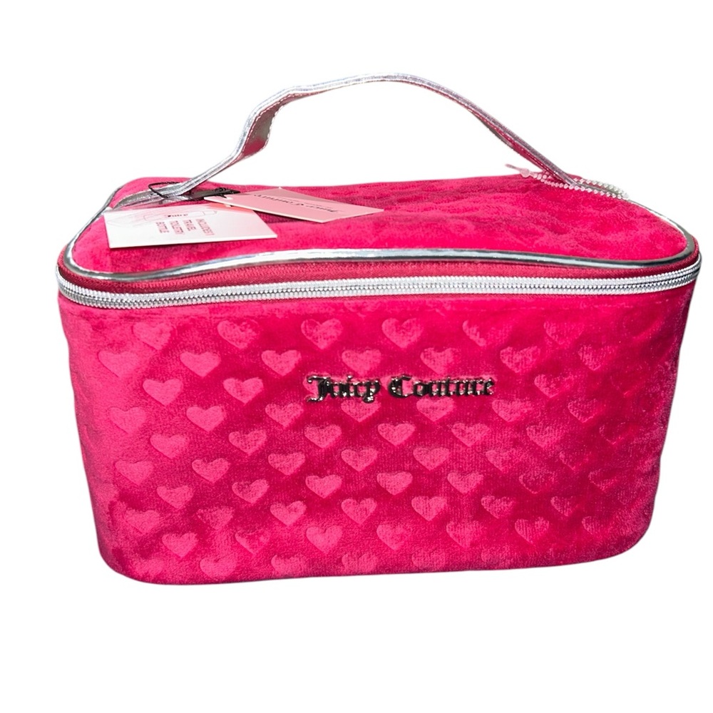 NWT Juicy Couture Velour Fuchsia Hot Pink Hearts & Silver Makeup Bag